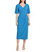 Color:Bright Blue - Image 1 - Draped Faux Wrap Short Flutter Sleeve Surplice V-Neck Pebble Crepe Midi Dress