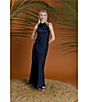 Color:Navy - Image 5 - Draped Mock Neck Charmeuse Aline Gown