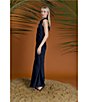 Color:Navy - Image 6 - Draped Mock Neck Charmeuse Aline Gown