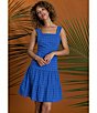 Color:Denim Blue - Image 6 - Eyelet Gingham Print Square Neck Sleeveless Tiered Dress