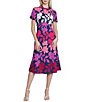 Color:Navy/Purple - Image 1 - Floral Print Mock Neck Short Sleeve A-Line Midi Dress