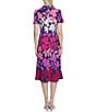 Color:Navy/Purple - Image 2 - Floral Print Mock Neck Short Sleeve A-Line Midi Dress