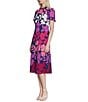 Color:Navy/Purple - Image 3 - Floral Print Mock Neck Short Sleeve A-Line Midi Dress