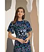 Color:Black/Blue - Image 4 - Floral Stretch Crepe Jewel Neckline Short Flutter Sleeve Midi Dress