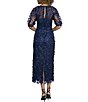 Color:Navy - Image 2 - Illusion Puff Short Sleeve Crew Neck Embroidered 3D Petal Applique Mesh MIdi Sheath Dress