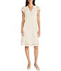 Color:Whisper White - Image 1 - Laser Cut Crepe V-Neck Short Sleeve Knee Length A-Line Dress