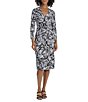 Color:Black/Light Grey - Image 1 - Printed Matte Jersey Surplice V-Neckline Long Sleeve Faux Wrap Dress