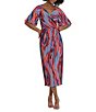 Color:Navy/Burgundy - Image 1 - Printed Surplice V-Neck Short Sleeve Faux Wrap Midi Dress