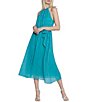 Color:Turquoise - Image 3 - Riverside Stripe Burnout Halter Neck Sleeveless Chain Belt Midi Dress
