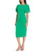 Color:Bright Jade - Image 3 - Crew Neck Short Dolman Sleeve Faux Wrap Midi Sheath Dress