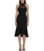 Color:Black - Image 1 - Stretch Crepe Illusion Halter Neckline Sleeveless Midi Dress