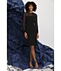 Color:Black - Image 4 - Stretch Crepe Illusion Jewel Neckline Long Sleeve Beaded Cuff Sheath Dress