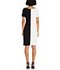 Color:Black/White - Image 2 - Stretch Scuba Crepe Color Block Asymmetrical Neck Side Ruched Short Sleeve Dress