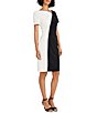 Color:Black/White - Image 3 - Stretch Scuba Crepe Color Block Asymmetrical Neck Side Ruched Short Sleeve Dress