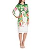 Color:Soft White/Green - Image 3 - Stretch Tropical Print Long Sleeve Sheath Dress