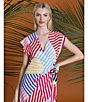 Color:Ivory/Sienna - Image 6 - Stripe Printed Surplice V-Neck Cap Sleeve Tie Waist Midi Dress