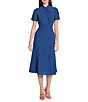 Color:Blue - Image 1 - Twist Mock Neck Short Sleeve Stretch Midi Dress