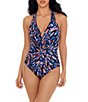 Color:Black/Multi - Image 1 - Burano Drew Abstract Animal Printed Plunge V-Neck Strappy Back One Piece Swimsuit
