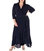 Color:Navy - Image 1 - Plus Size 3/4 Sleeve Collared V-Neck Ruffle Skirt Belted Faux Wrap Maxi Dress