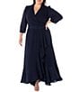 Color:Navy - Image 3 - Plus Size 3/4 Sleeve Collared V-Neck Ruffle Skirt Belted Faux Wrap Maxi Dress