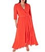 Color:Orange - Image 1 - Plus Size 3/4 Sleeve Collared V-Neck Ruffle Skirt Belted Faux Wrap Maxi Dress