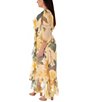 Color:Dandelion/Teal - Image 3 - Plus Size 3/4 Sleeve V-Neck Floral Chiffon Faux Wrap Maxi Dress