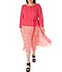 Color:Coral/Ivory - Image 1 - Plus Size Long Sleeve Crew Neck Tie Waist Floral Pleated Skirt Dress