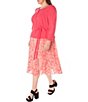 Color:Coral/Ivory - Image 3 - Plus Size Long Sleeve Crew Neck Tie Waist Floral Pleated Skirt Dress