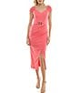 Color:Coral - Image 1 - Short Sleeve Sweetheart Neck Belted Midi Sheath Dress