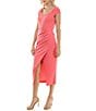 Color:Coral - Image 3 - Short Sleeve Sweetheart Neck Belted Midi Sheath Dress
