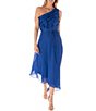 Color:Cobalt - Image 1 - Sleeveless One Shoulder Neck Ruffle Bodice Tie Waist Asymmetrical Hem Midi Dress