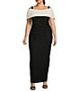 Color:Black/Ivory - Image 1 - Plus Size Color Block Off-the-Shoulder Short Sleeve Ruched Waist Crepe Sheath Gown