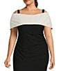 Color:Black/Ivory - Image 3 - Plus Size Color Block Off-the-Shoulder Short Sleeve Ruched Waist Crepe Sheath Gown