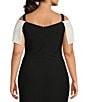 Color:Black/Ivory - Image 4 - Plus Size Color Block Off-the-Shoulder Short Sleeve Ruched Waist Crepe Sheath Gown