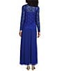 Color:Royal - Image 2 - Glitter Lace Long Sleeve Square Neck Matte Jersey Chiffon Skirt 2-Piece Gown