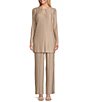 Color:Champagne - Image 1 - Long Sleeve Keyhole Neck Pleated Knit 2-Piece Pant Set
