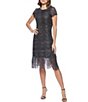 Color:Black/Silver - Image 1 - Metallic Lace Short Sleeve Crew Neck V-Back Fringe Hemline Dress