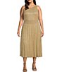 Color:Gold - Image 1 - Plus Size Sleeveless Crew Neck Smocked Waist Pleated Metallic Knit Midi A-Line Dress