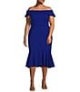 Color:Cobalt - Image 1 - Plus Size Sleeveless Off-The-Shoulder Flounce Hem Crepe Midi Fit and Flare Dress