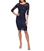 Color:Navy - Image 1 - Round Neck Ruched Side Sequin Lace 3/4 Sleeve Sheath Dress