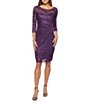 Color:Eggplant - Image 1 - Round Neck Ruched Side Sequin Lace 3/4 Sleeve Sheath Dress