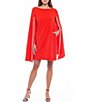 Color:Red - Image 1 - Scuba Crepe Capelet Embellished Long Sleeve Boat Neck Pocketed Sheath Dress