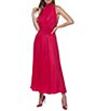 Color:Red - Image 1 - Sleeveless Halter Mock Neck Smocked Pleated Crepe Chiffon A-Line Midi Dress