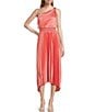 Color:Coral - Image 1 - Sleeveless One Shoulder Pleated Smocked Waist Crepe Chiffon Midi Dress