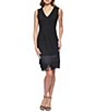 Color:Black - Image 1 - Sleeveless V-Neck Fringe Hem Scuba Crepe Short Sheath Dress