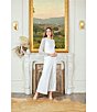 Color:Ivory - Image 6 - Stretch Crepe Long Beaded Sleeve Round Neck Walk Thru Jumpsuit Gown