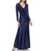 Color:Navy - Image 1 - Stretch Satin Long Sleeve V-Neck Satin Skirt Front Twist Detail Sequin Bodice Gown