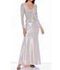 Color:Champagne - Image 1 - Stretch Satin Long Sleeve V-Neck Satin Skirt Front Twist Detail Sequin Bodice Gown