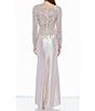 Color:Champagne - Image 2 - Stretch Satin Long Sleeve V-Neck Satin Skirt Front Twist Detail Sequin Bodice Gown