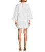 Color:3D White - Image 2 - 3D Floral Lace Embellished Mesh Crew Neck Long Flare Sleeve Shift Mini Dress